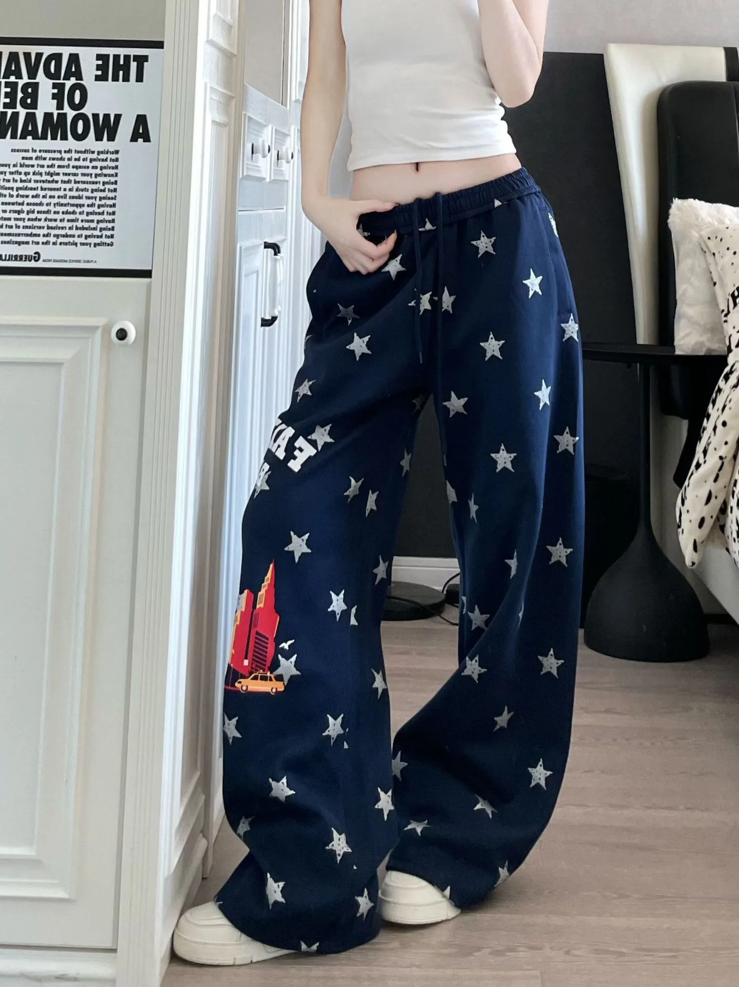 Pantaloni Sportivi American Vintage con Stampa a Stelle per Donna Uomo Streetwear Gamba Larga Jogger con Coulisse Blu