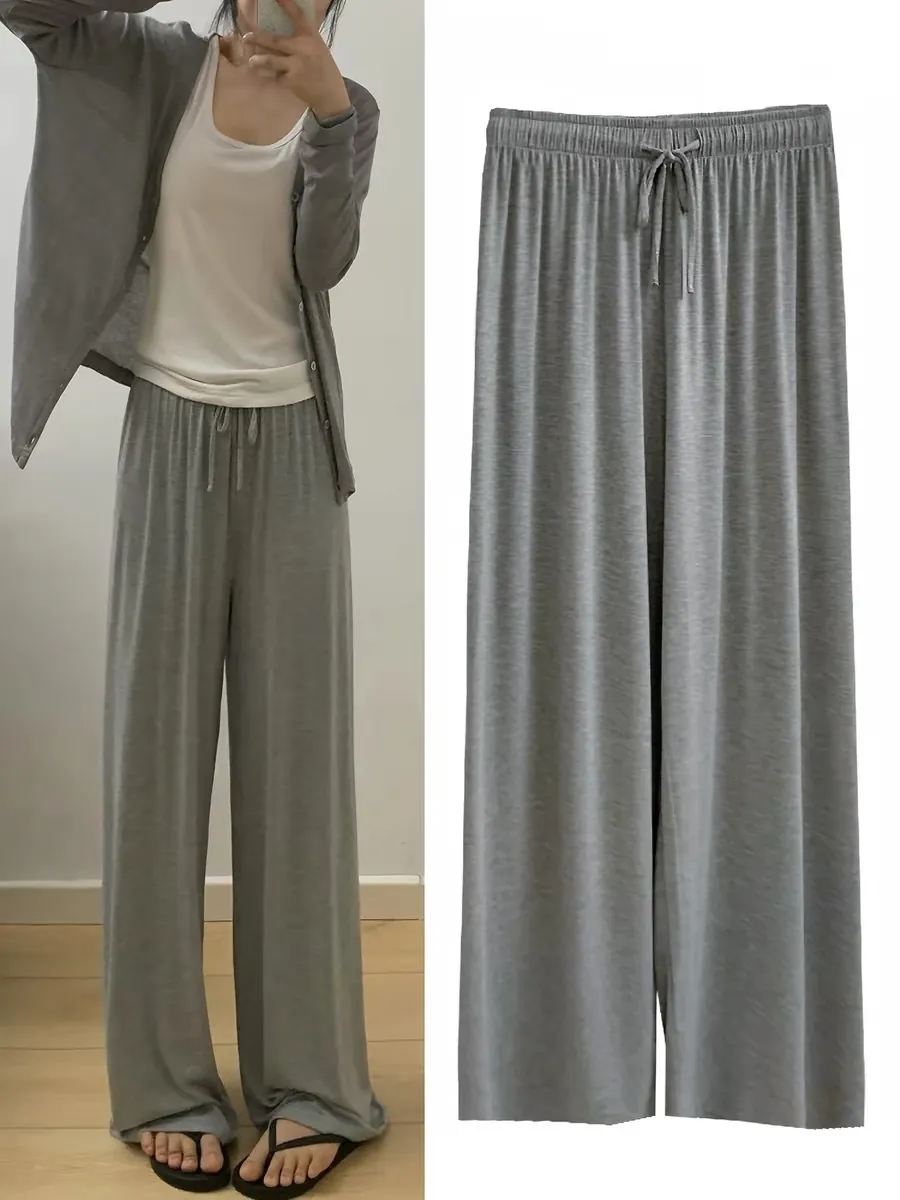 Pantalon Casual Femme Taille Haute Jambe Large Ample Loungewear Cordon de Serrage Couleur Unie Doux Jambe Droite Pantalon de Mode Quotidienne