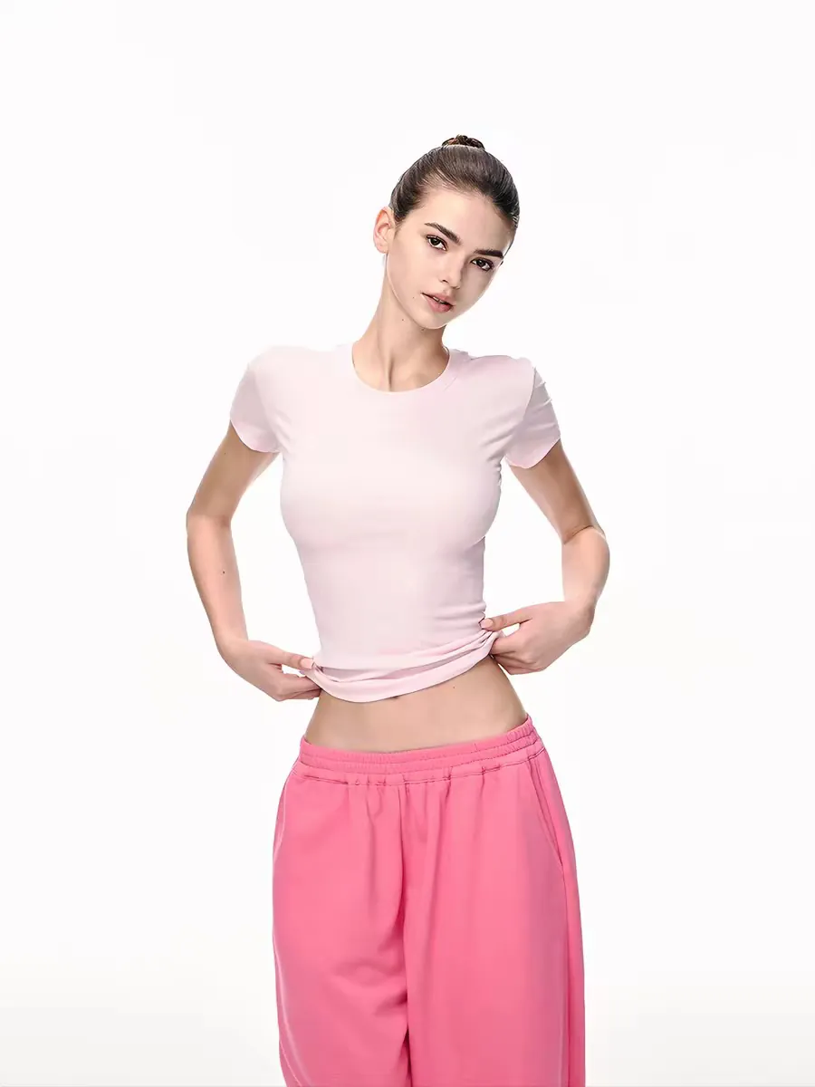 Women's Sexy Slim Fit Ribbed Short Sleeve T-Shirt Summer Solid Color Round Neck Basic Casual Commute Pullover Top