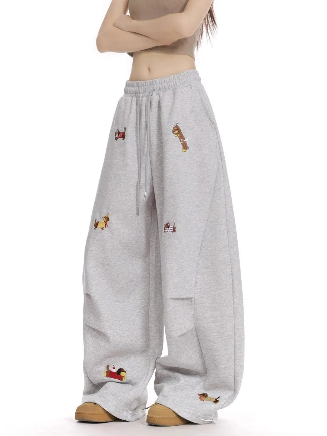 Women Casual Wide Leg Sweatpants Cute Dachshund Dog Embroidery Elastic Drawstring Waist Loose Streetwear Bottoms Pants