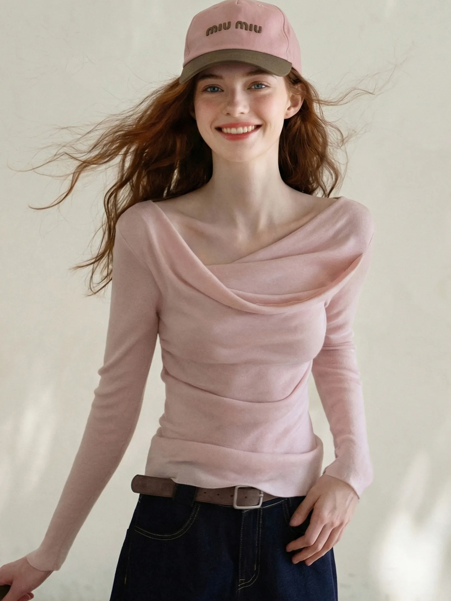 Women Elegant Pink Slim Fit Long Sleeve T-Shirt Solid Color Drape Neck Ruched Pullover Top Lightweight Soft Daily Blouse