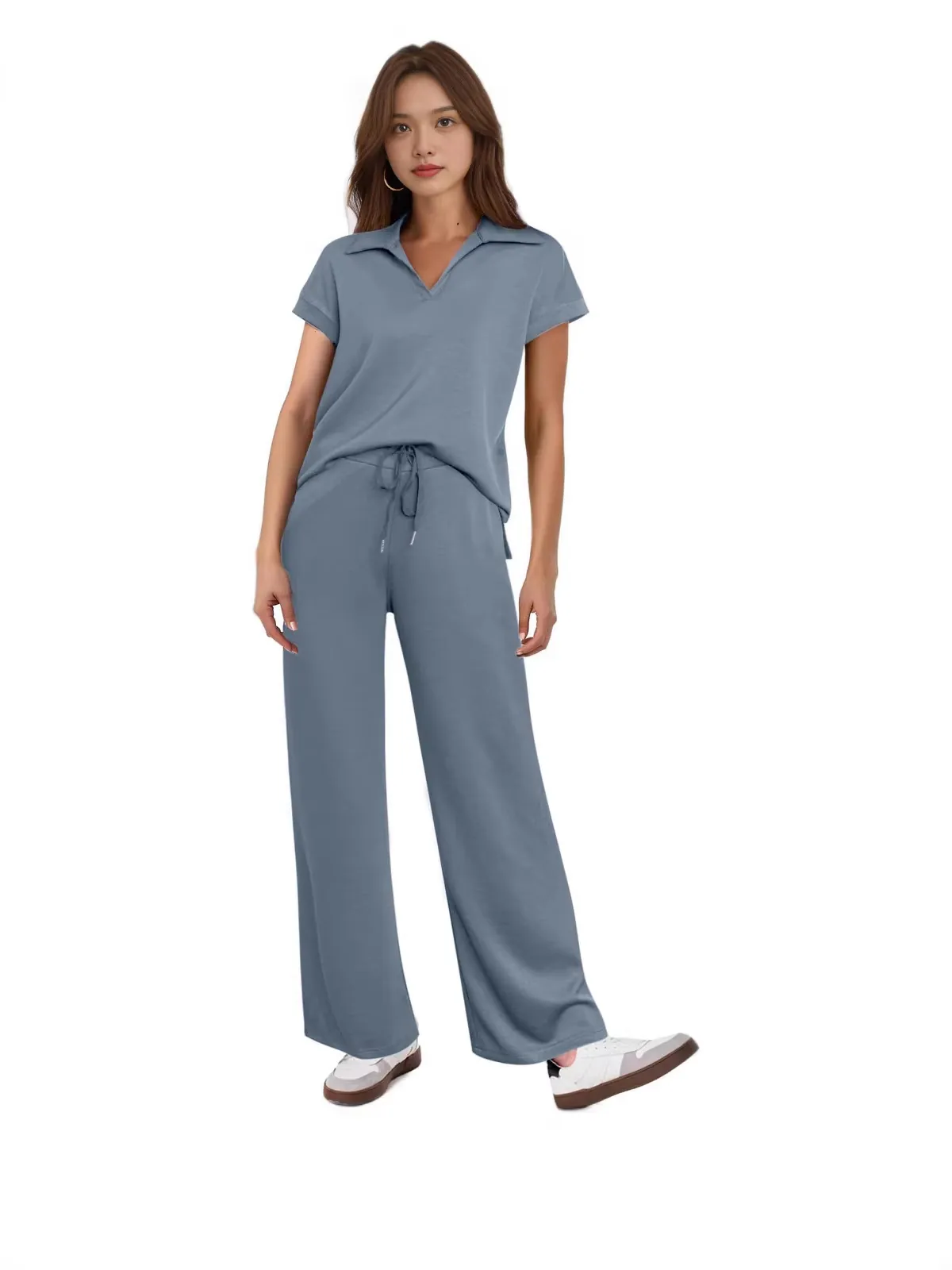 Women Casual Short Sleeve Polo Neck V Neck Top And Drawstring High Waist Wide Leg Long Pants Leisure Outfits Commuter Summer Set