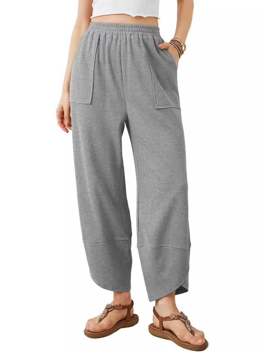 Damen Casual Weites Bein Hose Hohe Taille Mit Taschen Einfarbig Locker Knöchellang Sommer Mode Stil