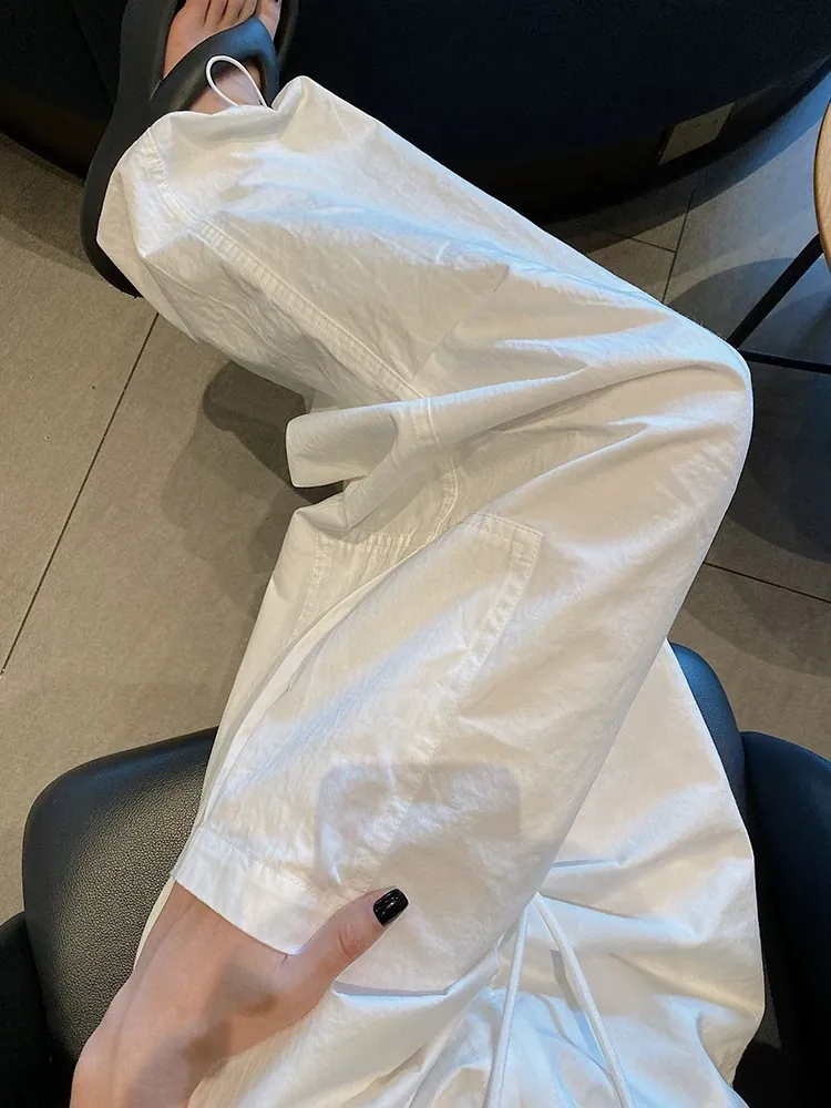 Pantalon Cargo Femme Taille Haute Jambe Large Avec Cordon de Serrage Et Poches Streetwear Américain Coupe Large Pantalon Casual Polyester