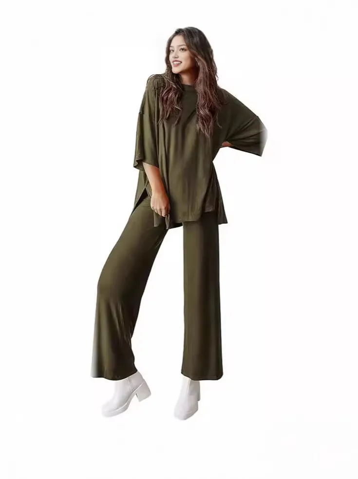 Damen Casual Kurzarm Top Und Weite Hose Loungewear Lockerer Rundhalsausschnitt Seitlicher Schlitz Daily Outfit