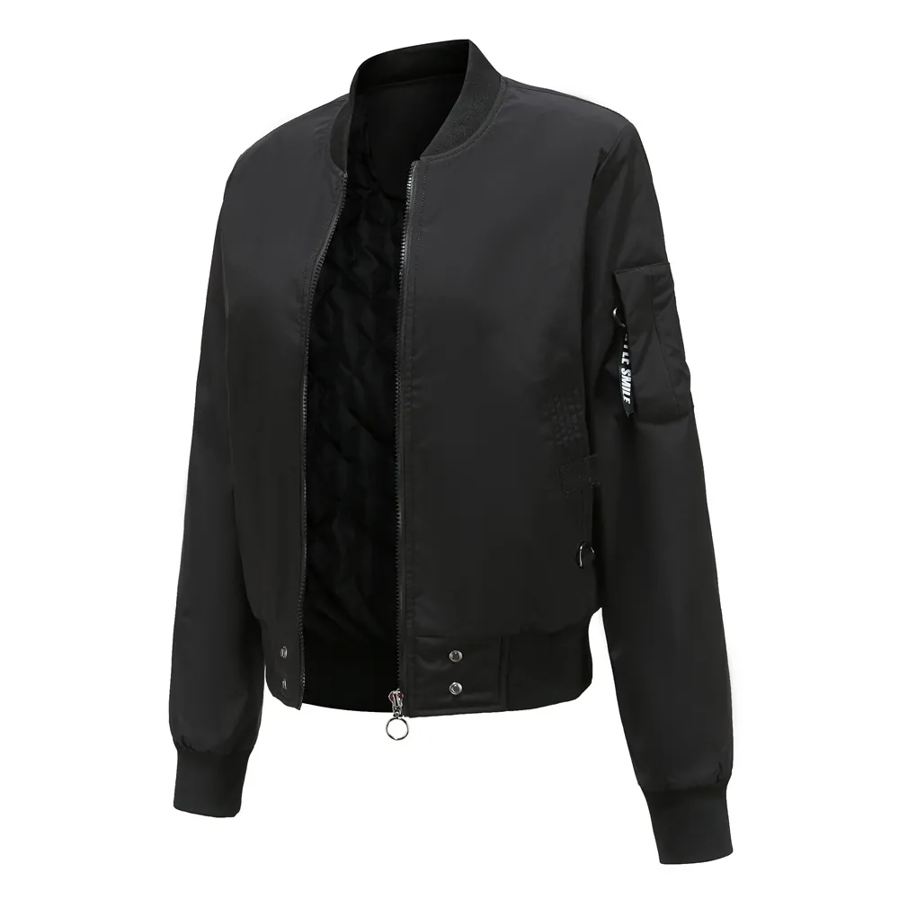 Bombardier Femme Décontracté Couleur Unie Coupe Large Coupe-vent Avec Doublure Matelassée et Poche Ruban sur Manche Veste Zippée