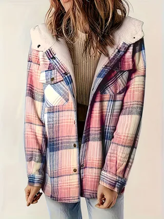 Women Plaid Hooded Shacket Fleece Lined Button Down Jacket Casual Long Sleeve Flannel Shirt Outerwear Coat