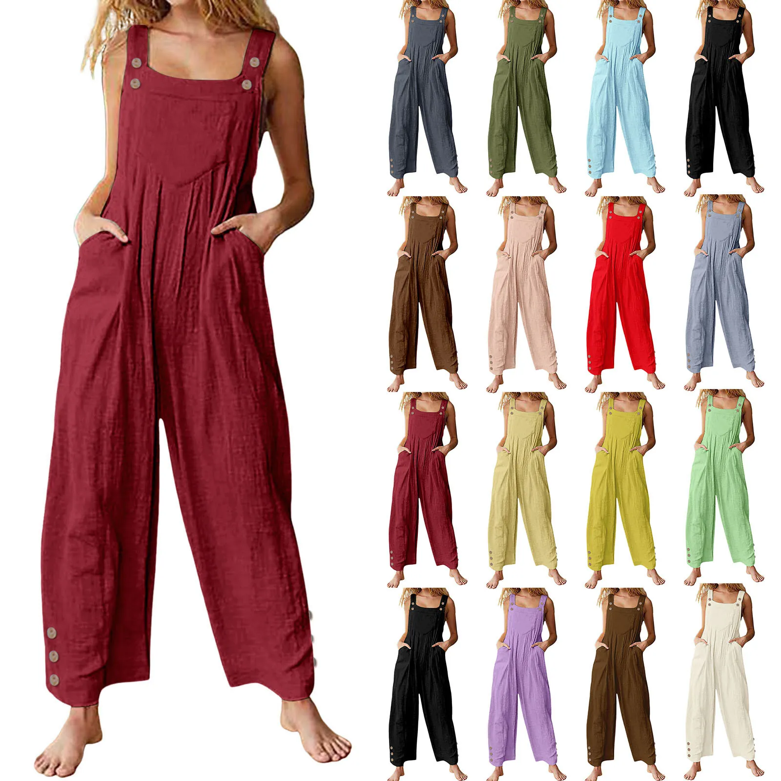 Women Casual Cotton Linen Sleeveless Jumpsuit Wide Leg Overalls Button Decor Loose Fit Pocket Summer One Piece Play Suit