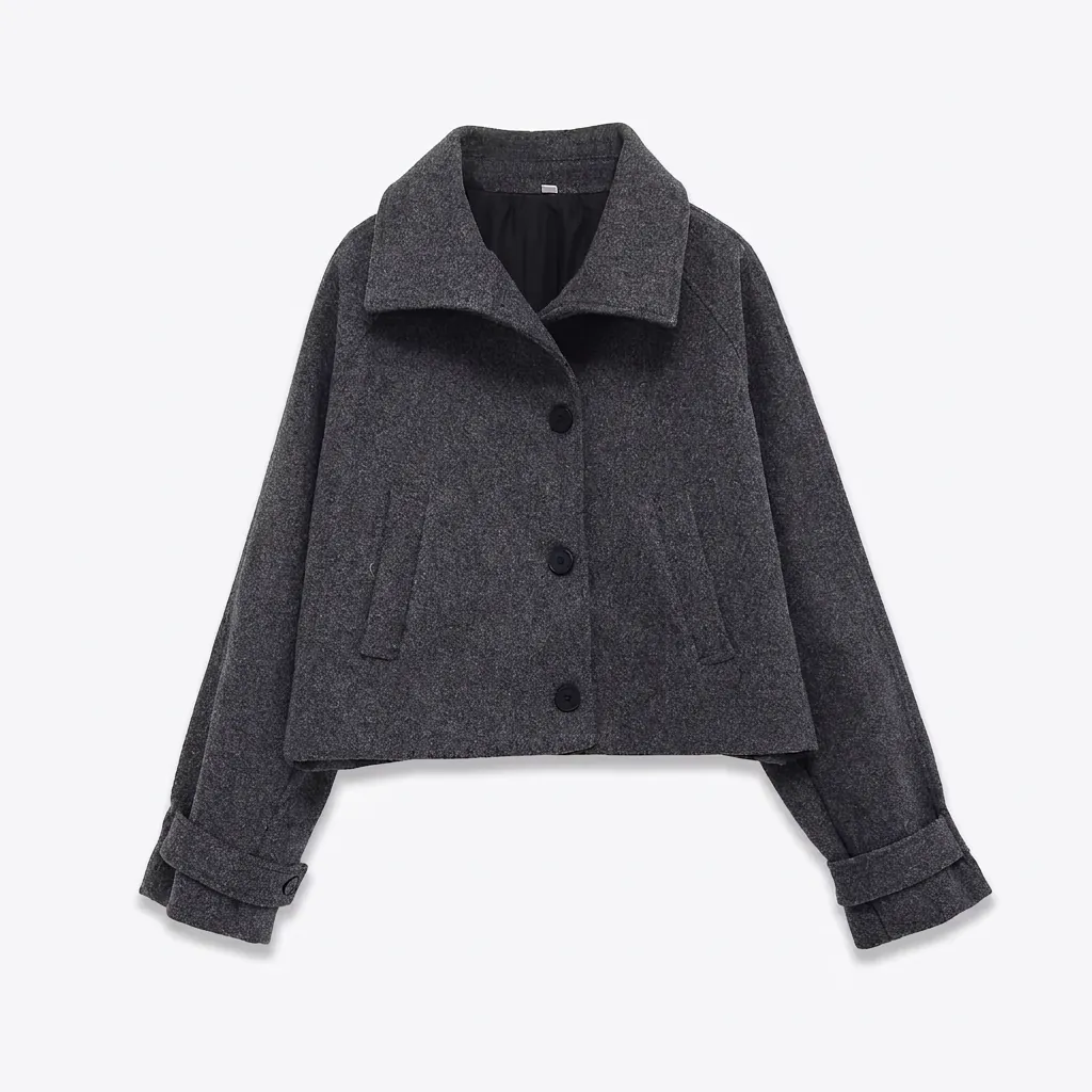 Veste Courte Style Laine pour Femmes Gris Anthracite Revers Manches Longues Manteau Simple Boutonnage Élégant Bureau