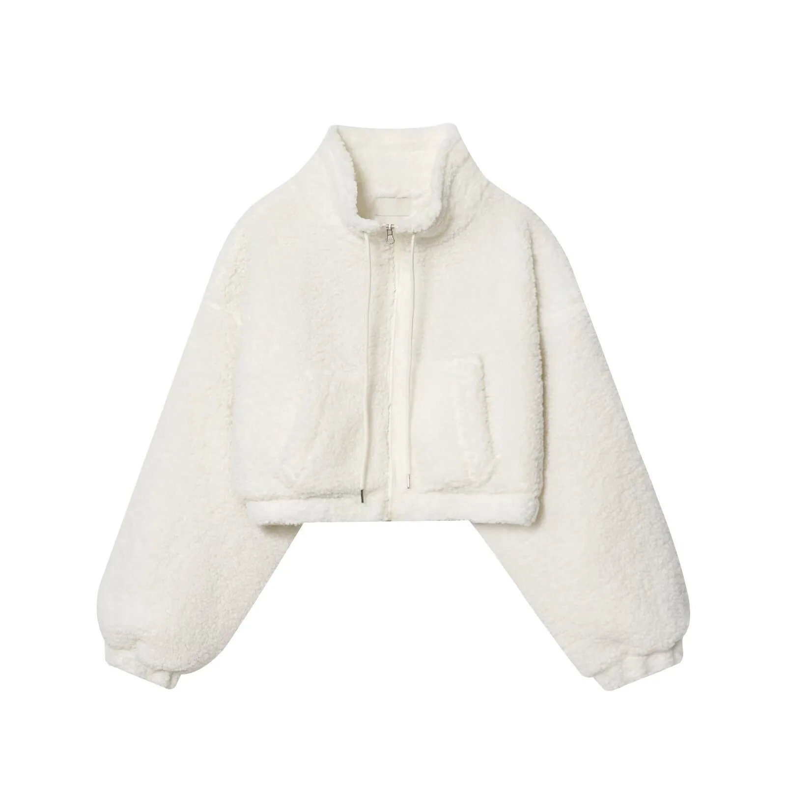 Women's Casual Fleece Jacket Stand Collar Zipper Short Baseball Outerwear Solid White Lamb Wool Coat With Drawstring