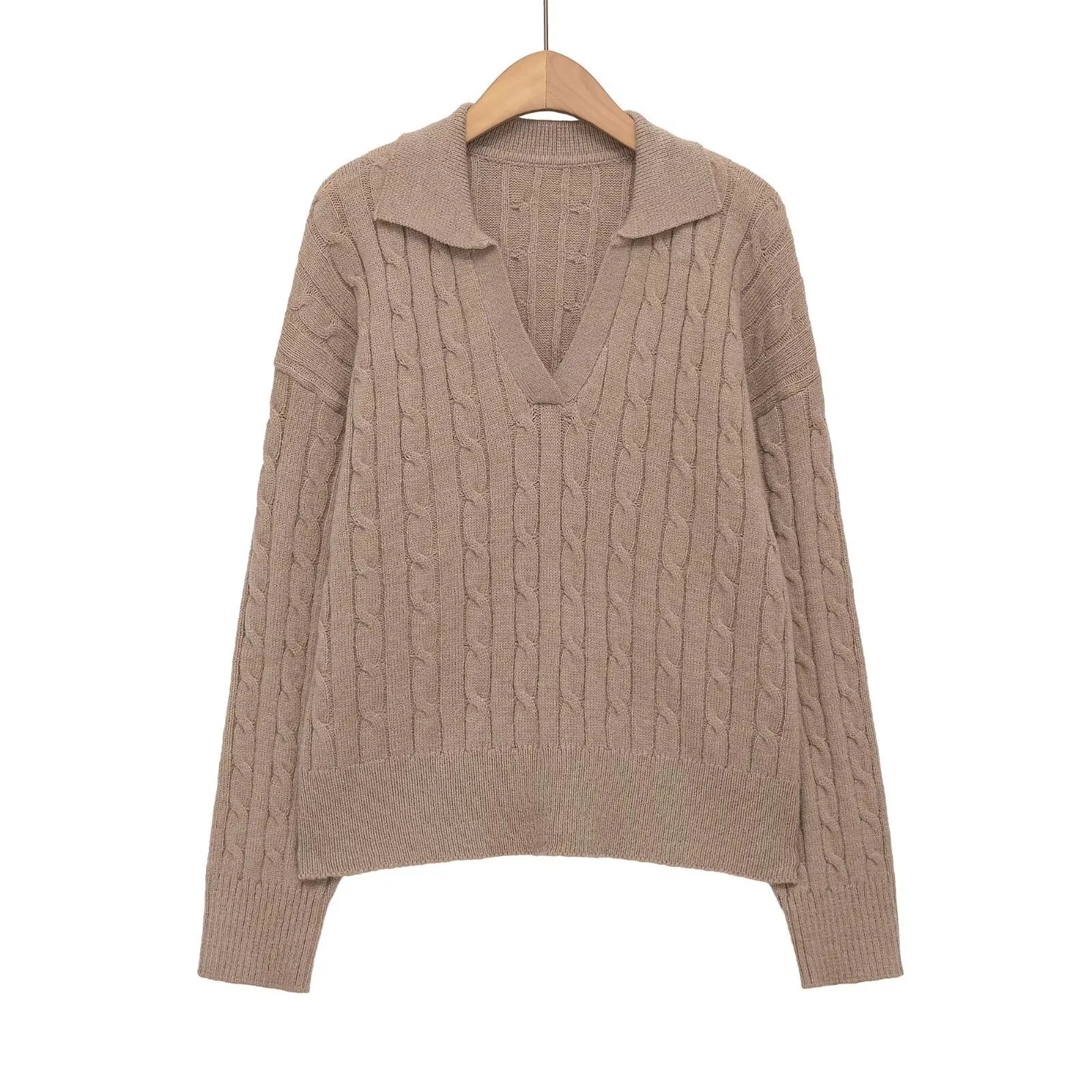 Women Cable Knit Sweater Oversized V-Neck Lapel Long Sleeve Pullover Autumn Winter Casual Minimalist Knitted Top