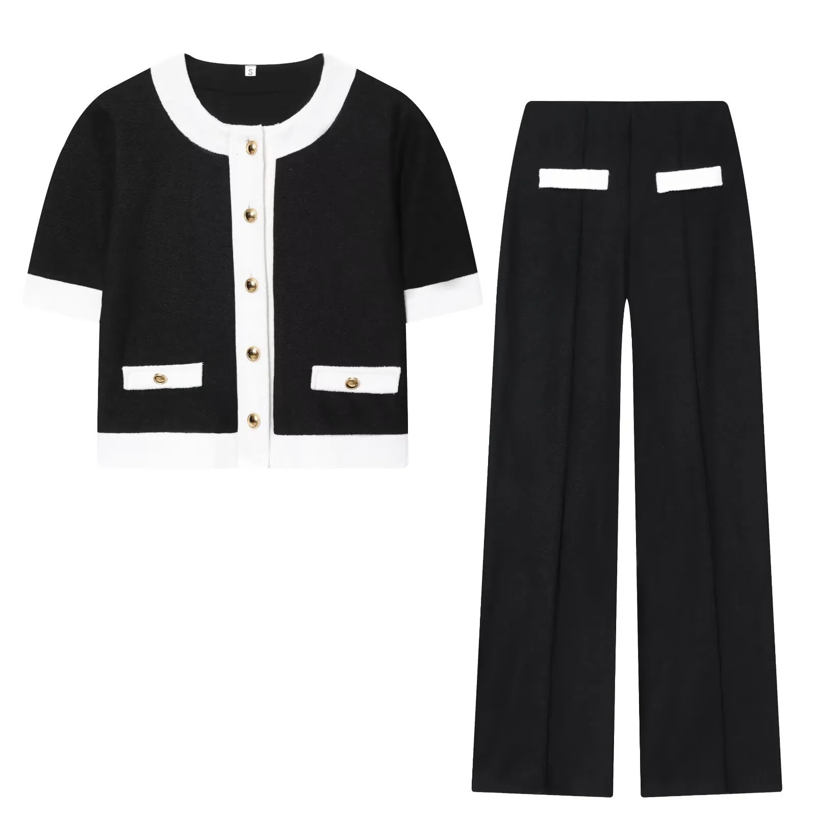 Damen Kontrastfarbe Patchwork Kurzarm Top Und Weite Hose Zweiteiler Französisch Eleganter Strick Freizeitanzug