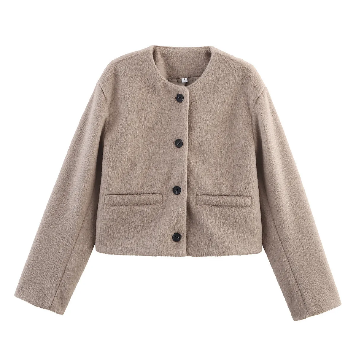 Women Casual Solid Color Short Plush Jacket Round Neck Single Breasted Long Sleeve Faux Fur Coat Camel