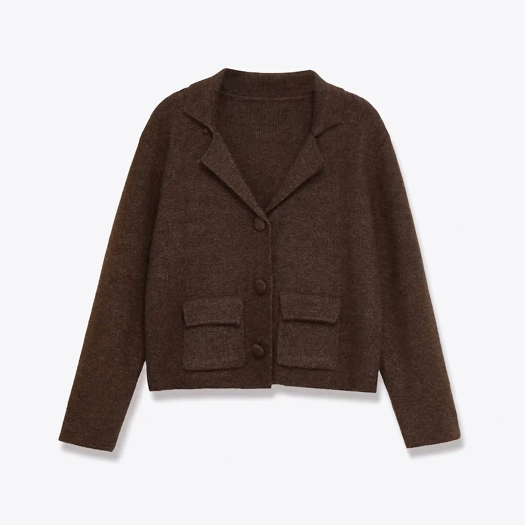 Giacca Cardigan in Maglia con Revers Casual da Donna Solido Caffè Bottone Davanti Maglione a Maniche Lunghe con Tasche Stile Vintage