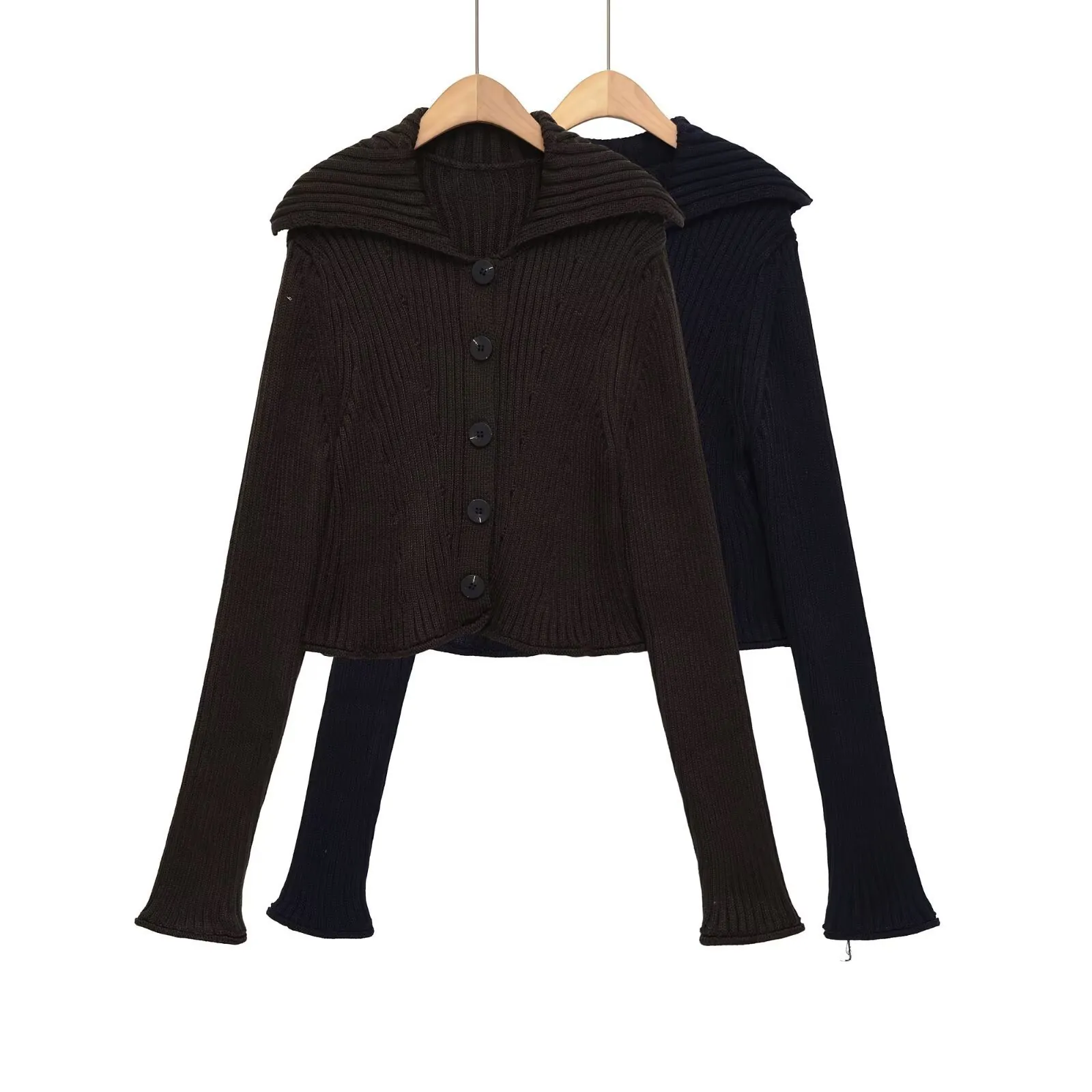 Damen Rippstrick Strickjacke Großer Revers Einreihig Geknöpft Kurz Pullover Jacke Einfarbig Langarm Casual Top