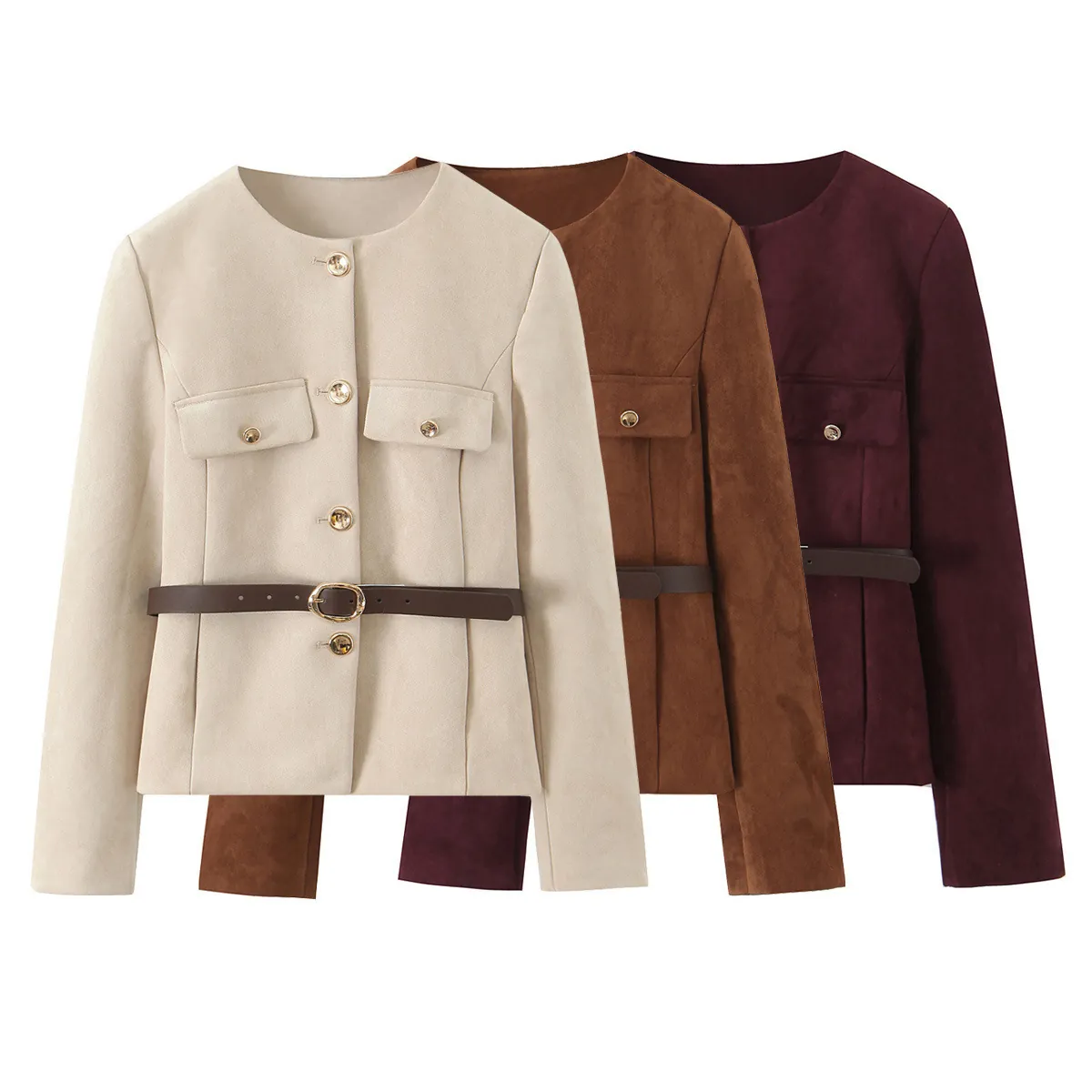 Women Elegant Faux Suede Short Jacket Round Neck Gold Button Blazer With Belt Solid Color Slim Fit Autumn Outerwear