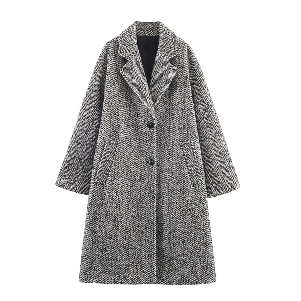 Women's Vintage Herringbone Double Breasted Long Woolen Coat Elegant Grey Winter Overcoat For Women Office Streetwear Top