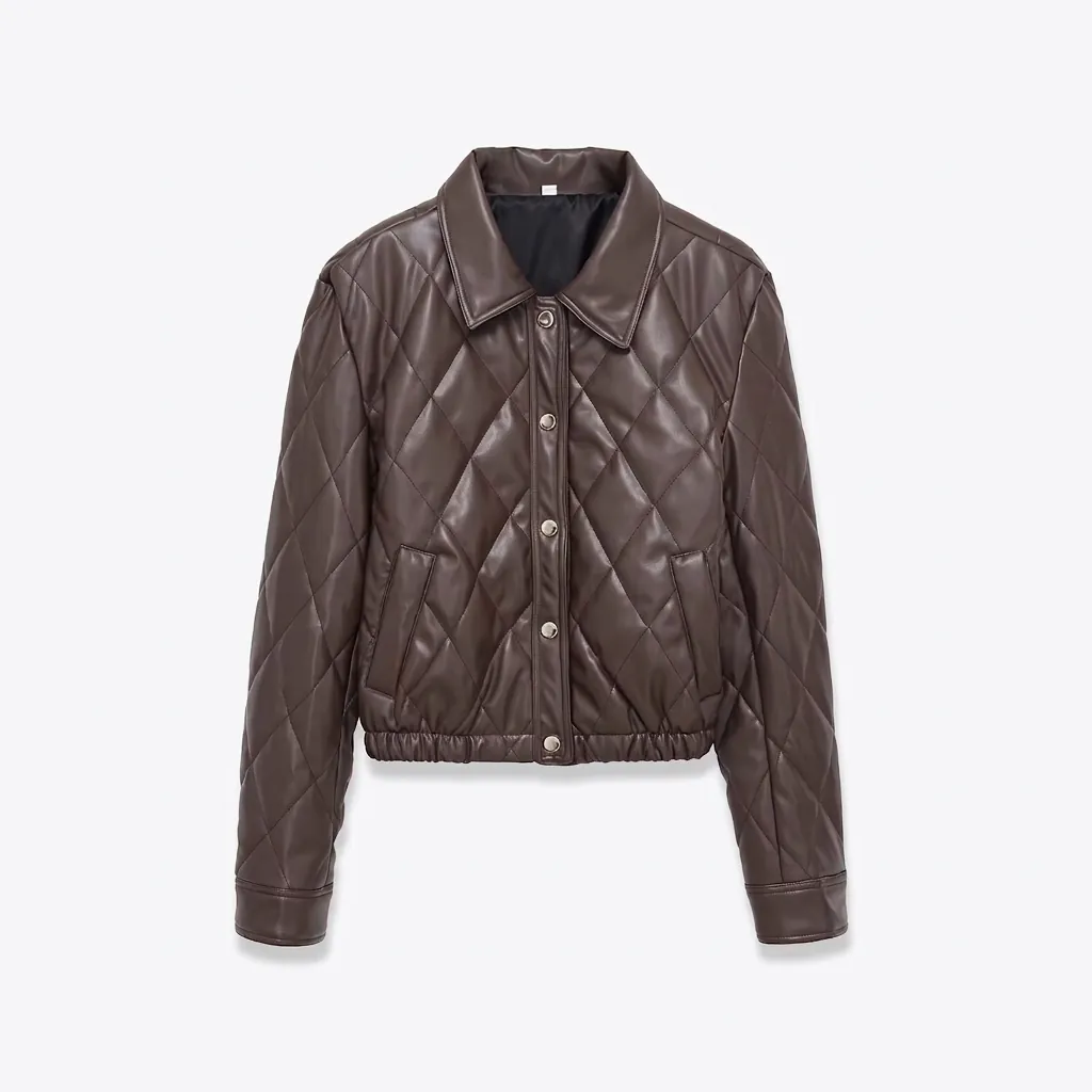 Women Quilted PU Leather Jacket Short Lapel Collar Long Sleeve Fashion Quilted Diamond Pattern Solid Color Outerwear Coat