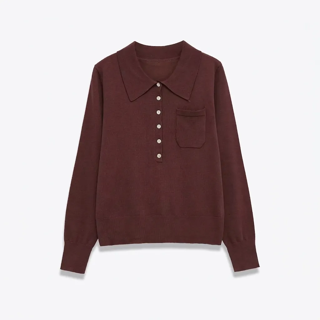 Maglione in Maglia da Donna Casual Collo a Polo Manica Lunga Pullover Tinta Unita Con Tasca Top Autunno Inverno