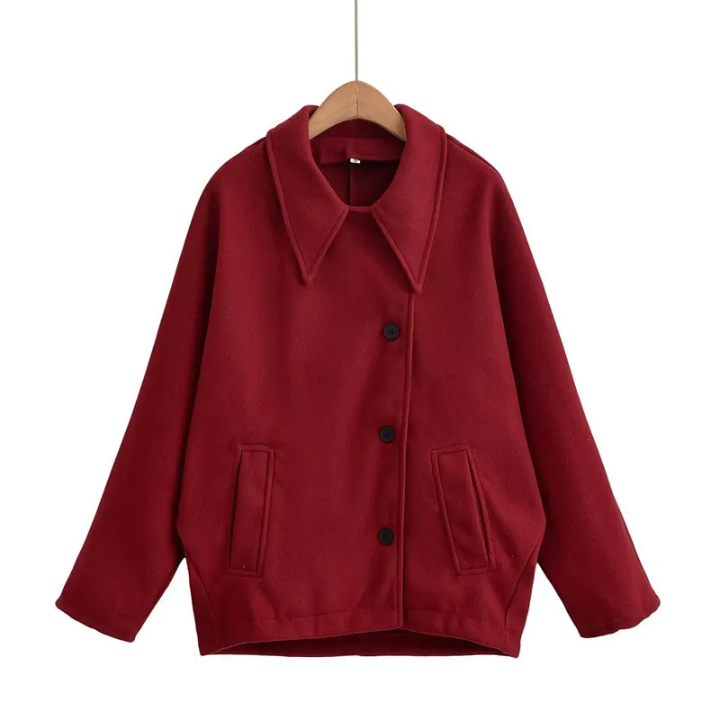Women's Casual Polyester Wool-Look Loose Batwing Sleeve Jacket Single-breasted Large Lapel Coat Wine Red Autumn Outerwear