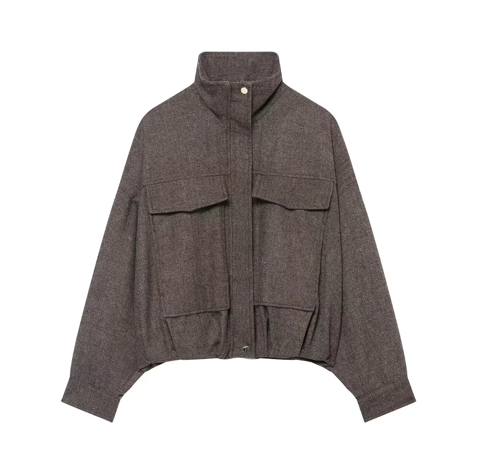 Women Casual Herringbone Bomber Jacket Oversized Stand Collar Puffy Short Coat Winter Warm Woven Jacket With Cargo Pockets