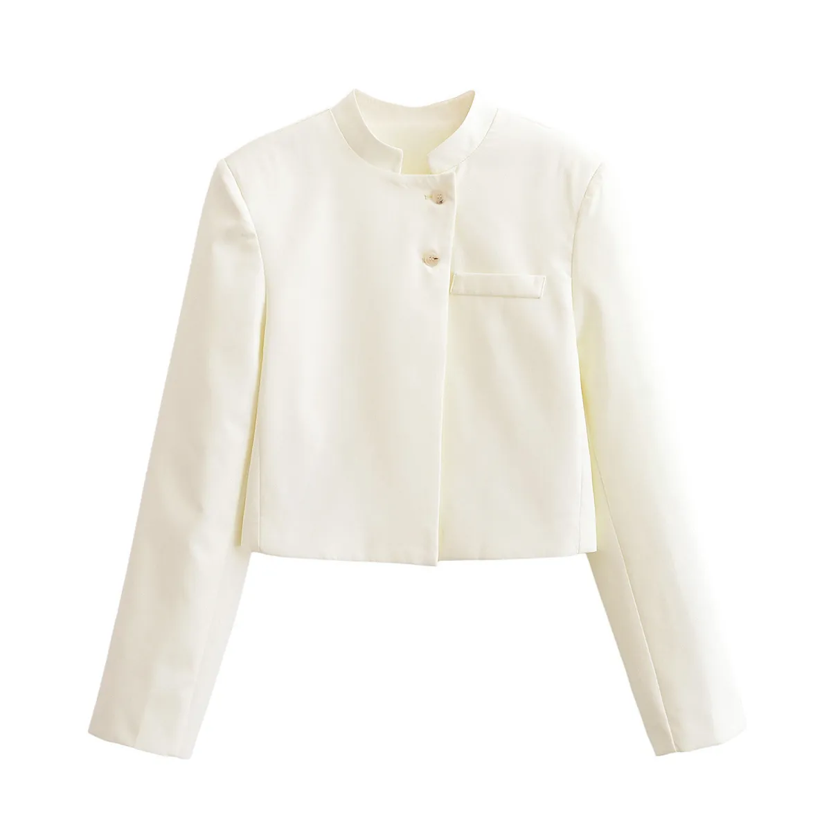 Veste Courte Décontractée pour Femmes avec Col Montant Manches Longues Couleur Unie Blazer en Polyester à Deux Boutons pour Bureau