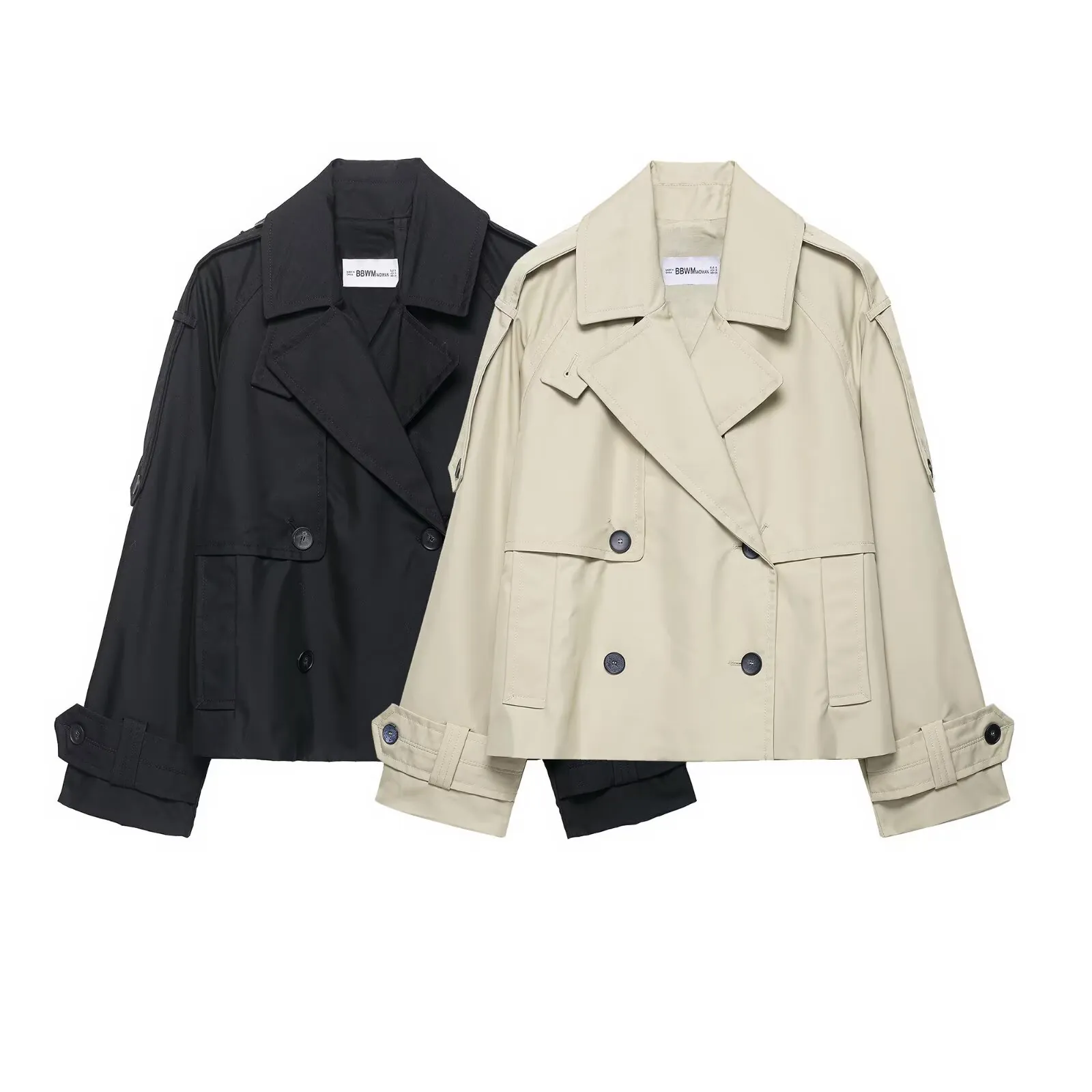 Women Short Trench Coat Double Breasted Lapel Windbreaker Jacket With Epaulets Long Sleeve Casual Solid Outerwear Spring Autumn