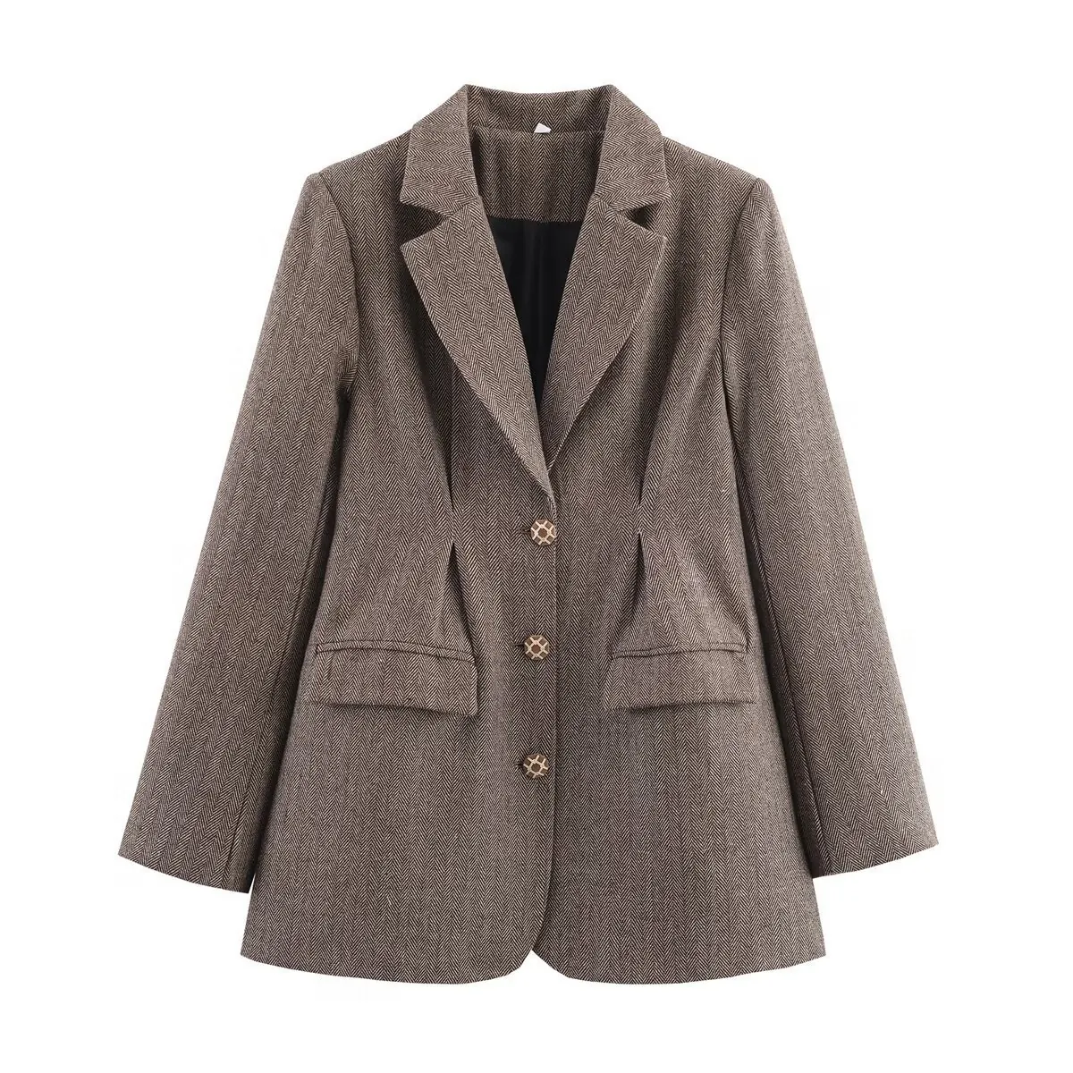 Women Coffee Brown Herringbone Blazer Notch Lapel Single Breasted Three Buttons Long Sleeve Woolen Feel Jacket For Autumn