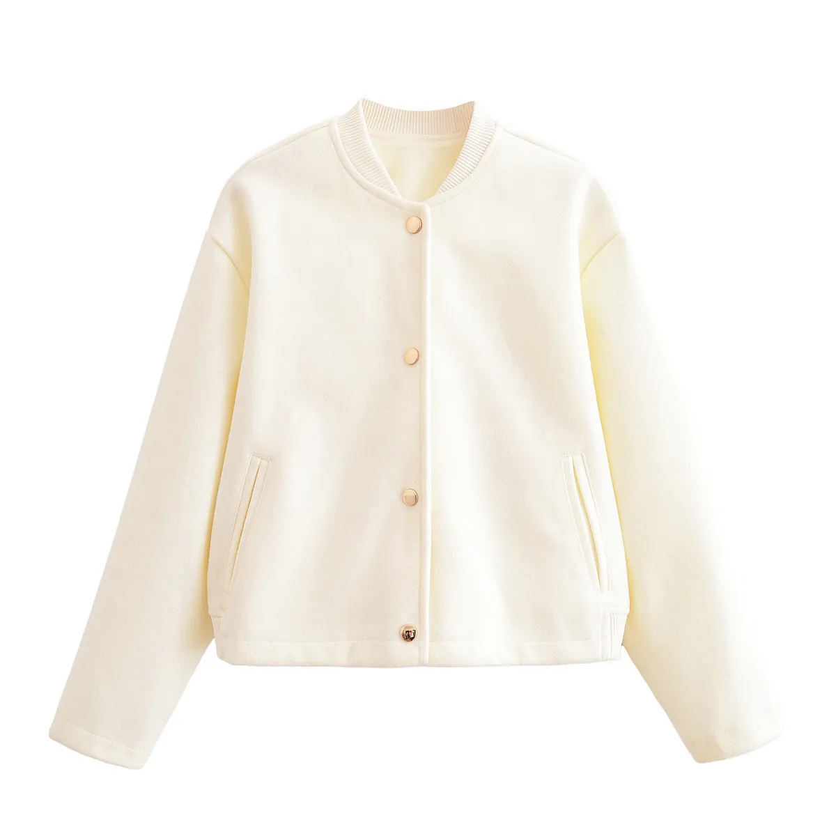 Women's Casual Off White Bomber Jacket Stand Collar Button Front Wool Like Felt Outerwear Long Sleeve Ribbed Trim Coat