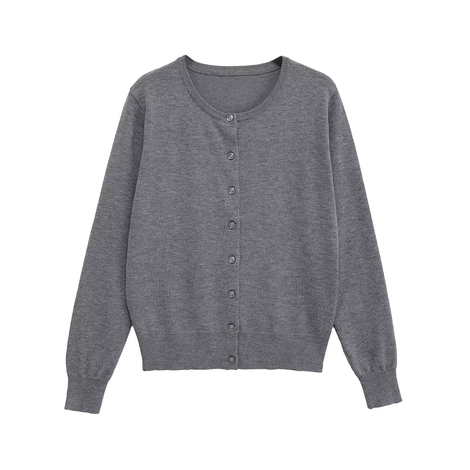 Women Casual Round Neck Long Sleeve Knit Cardigan Solid Color Single Breasted Button Down Short Sweater Coat