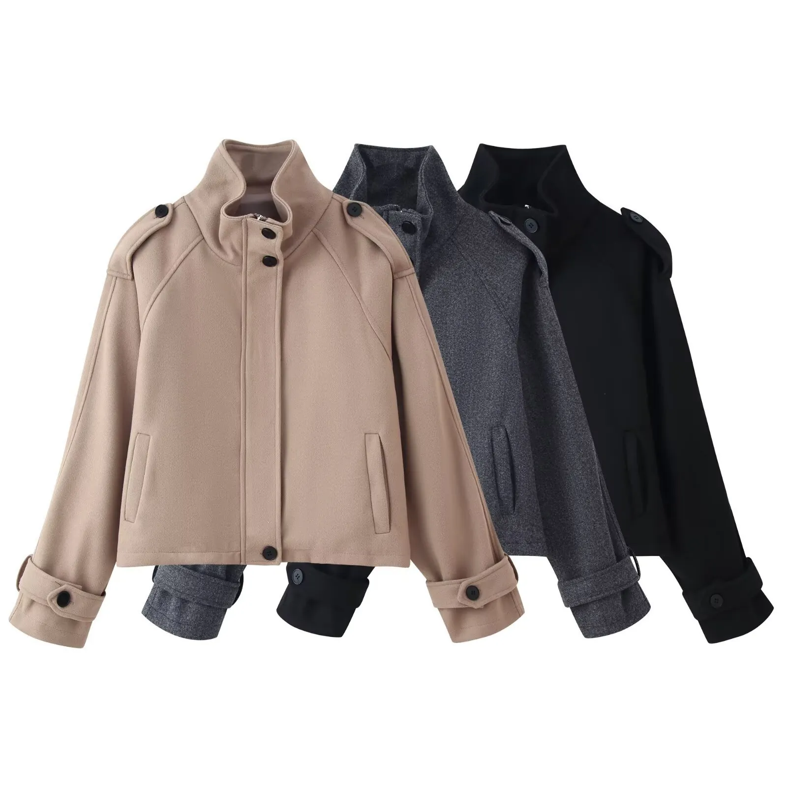 Women Stand Collar Short Woolen Jacket Coat Shoulder Tabs Loose Fit Long Sleeve Solid Color Zipper Outerwear For Autumn