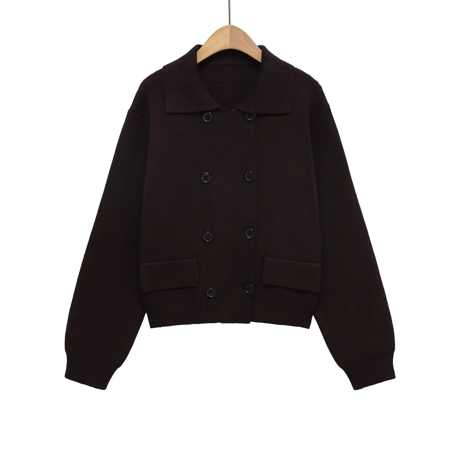 Veste en Maille Double Boutonnage pour Femmes Style Britannique Élégant Revers Manches Longues Gilet Chaud Avec Poches