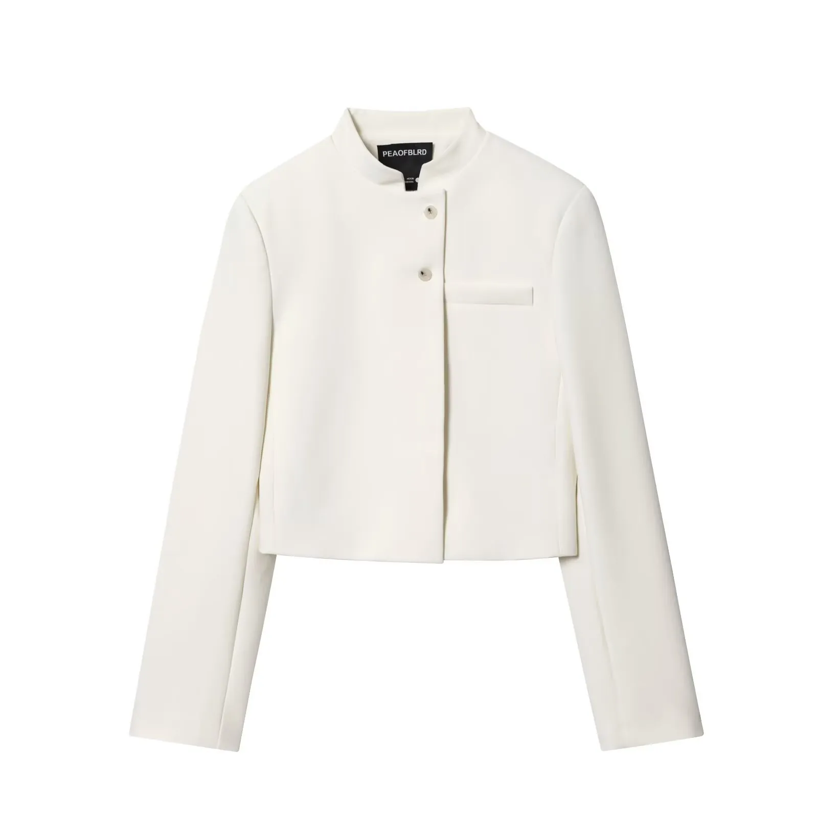 Veste Blazer Courte Coupe Ajustée pour Femme Col Montant Boutons Asymétriques Manches Longues Blanc Couleur Unie Top