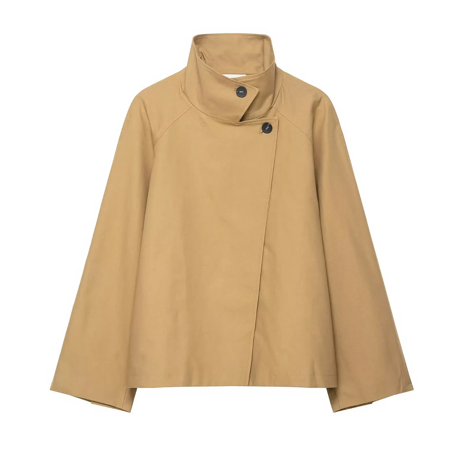 Women Casual Short Trench Coat Stand Collar One Button Khaki Windbreaker Jacket Solid Color Woven Polyester Outerwear