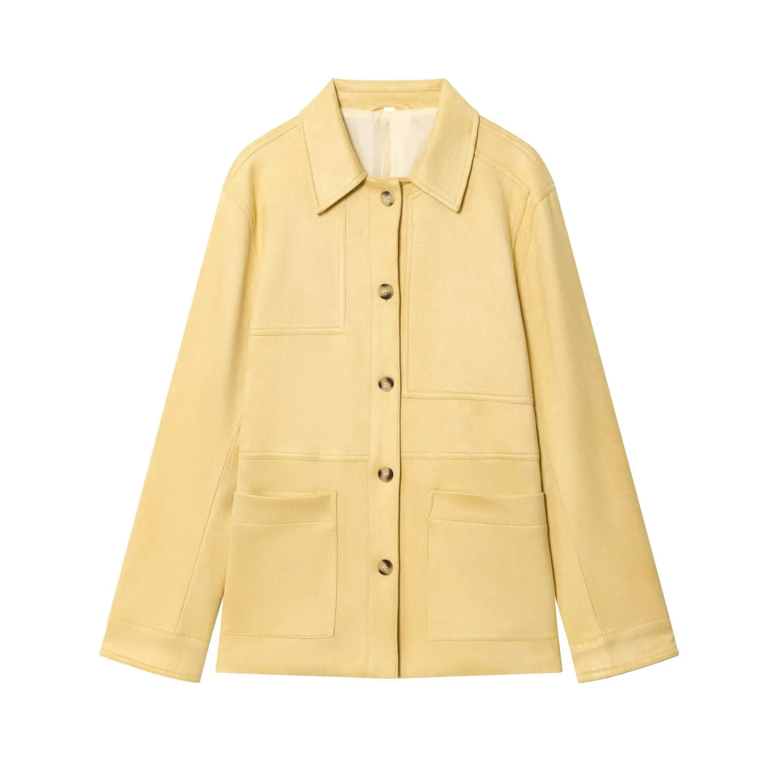 Women's Casual Faux Suede Jacket Lapel Button Down Workwear Outerwear Long Sleeve Utility Coat With Patch Pockets Solid Color