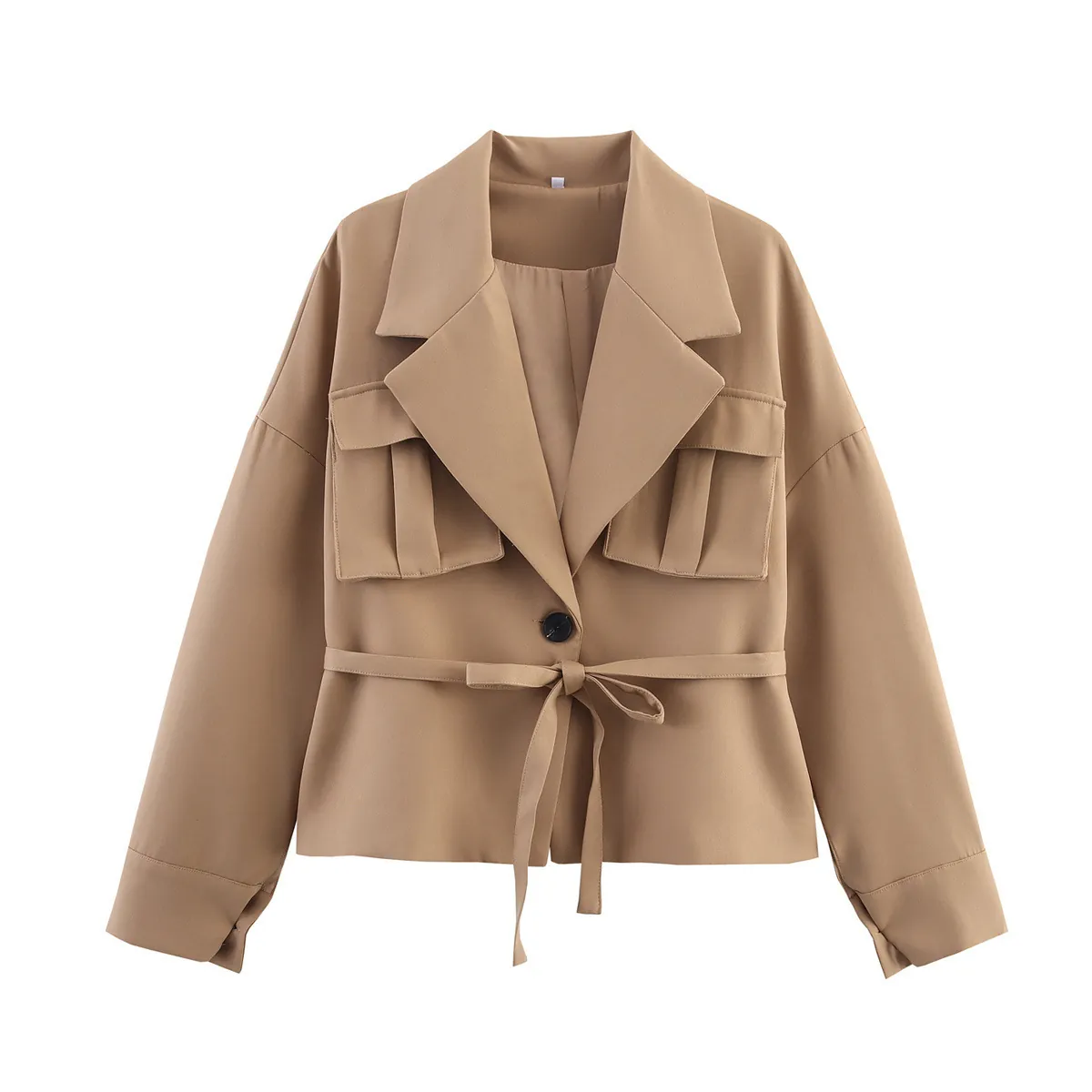 Women Casual Cargo Short Blazer Jacket With Belt Khaki Notched Lapel Single Button Long Sleeve Pocket Workwear Coat