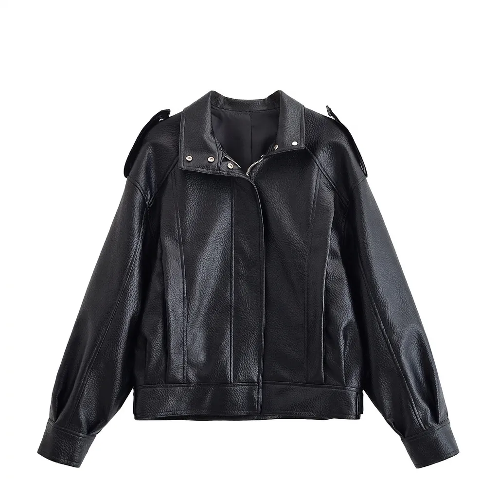 Giacca Biker da Donna in Ecopelle PU Tinta Unita Nero Spalla Cadente Collo Rialzato Texture Litchi Zip Up Capispalla Moto Cappotto