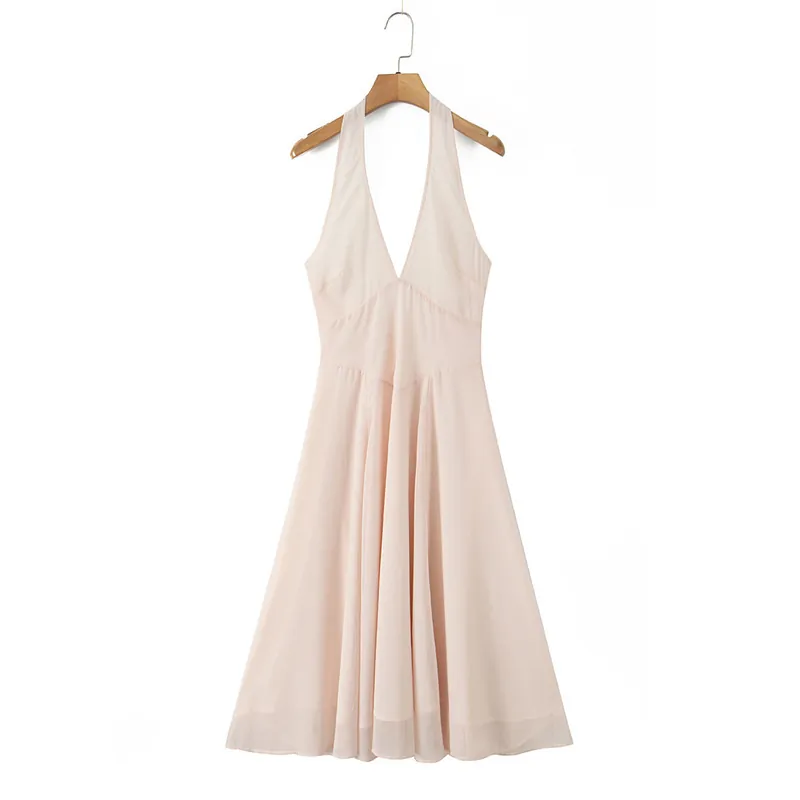 Women Halter V Neck Sleeveless Backless Maxi Dress Elegant Solid Pink Polyester Chiffon Summer Vacation Party Dress