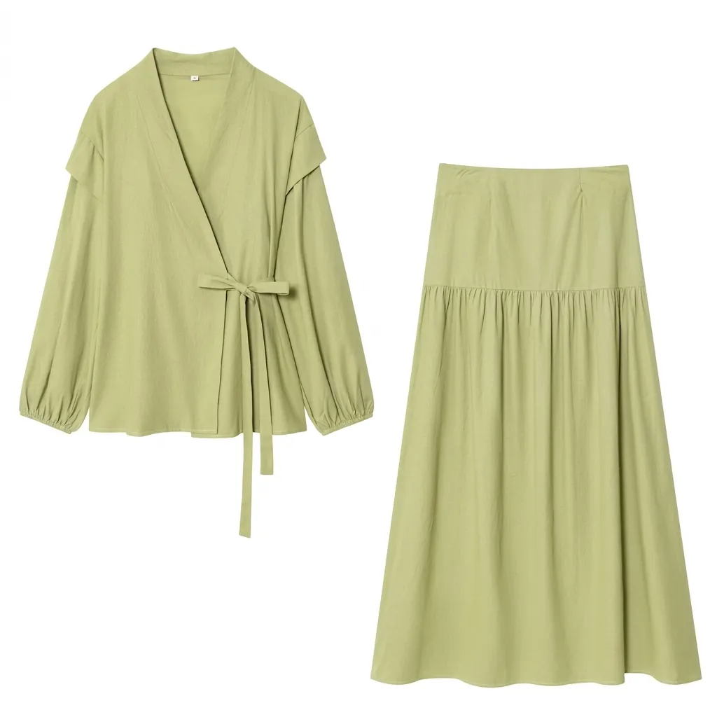 Women Casual Matcha Green Outfit Lantern Sleeve Wrap Tie Shirt And High Waist Pleated Maxi Skirt Fashion Clothing