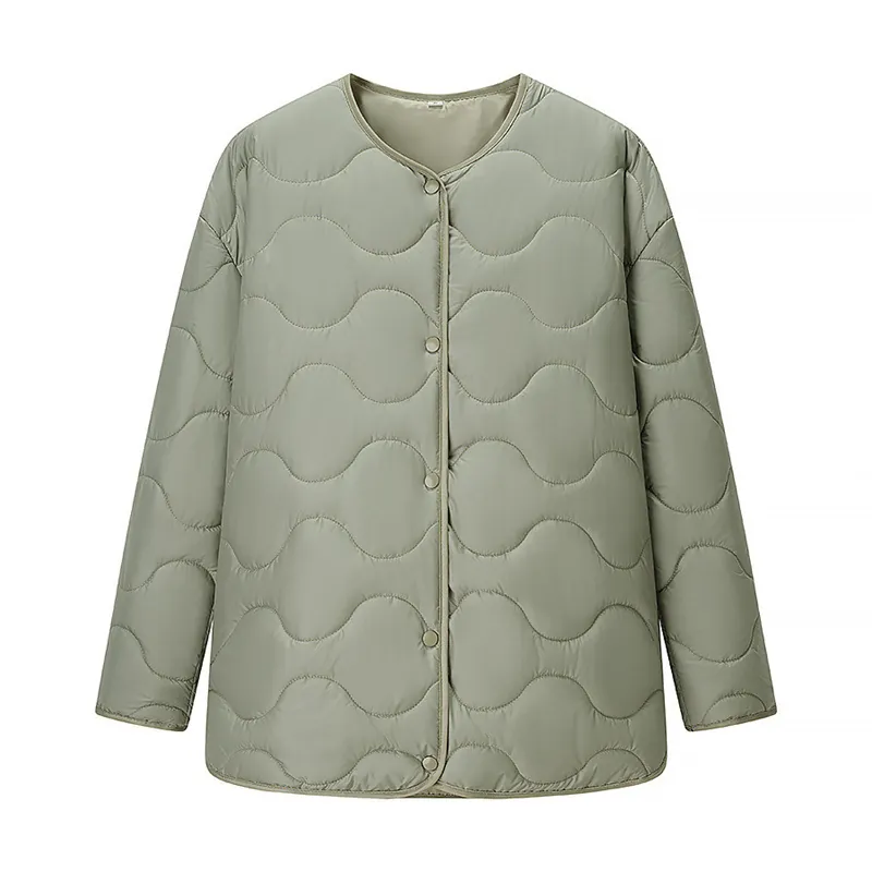 Women's Casual Lightweight Wave Quilted Jacket Long Sleeve Round Neck Solid Color Single Breasted Snap Button Cotton Padded Coat