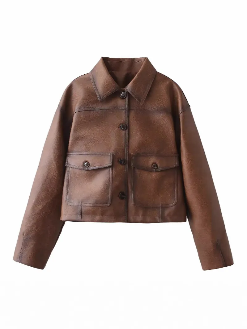 Giacca da Moto in Pelle PU Marrone Vintage da Donna Cappotto Crop Corto Revers Monopetto Manica Lunga Abbigliamento Esterno