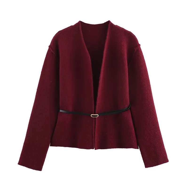 Damen Casual Einfarbig Weinrot Strickjacke Pullover Jacke Mit Schwarzem Gürtel Elegant Langarm Locker Oberbekleidung