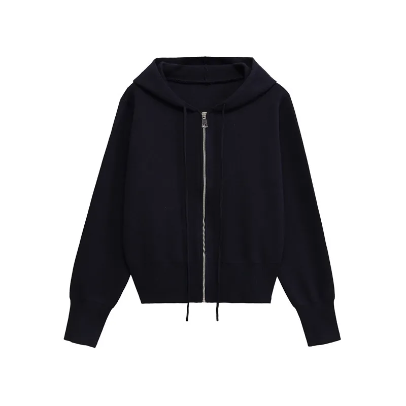 Sweat à Capuche Zippé en Tricot Décontracté pour Femmes Manches Longues Bleu Marine Veste Courte avec Cordon