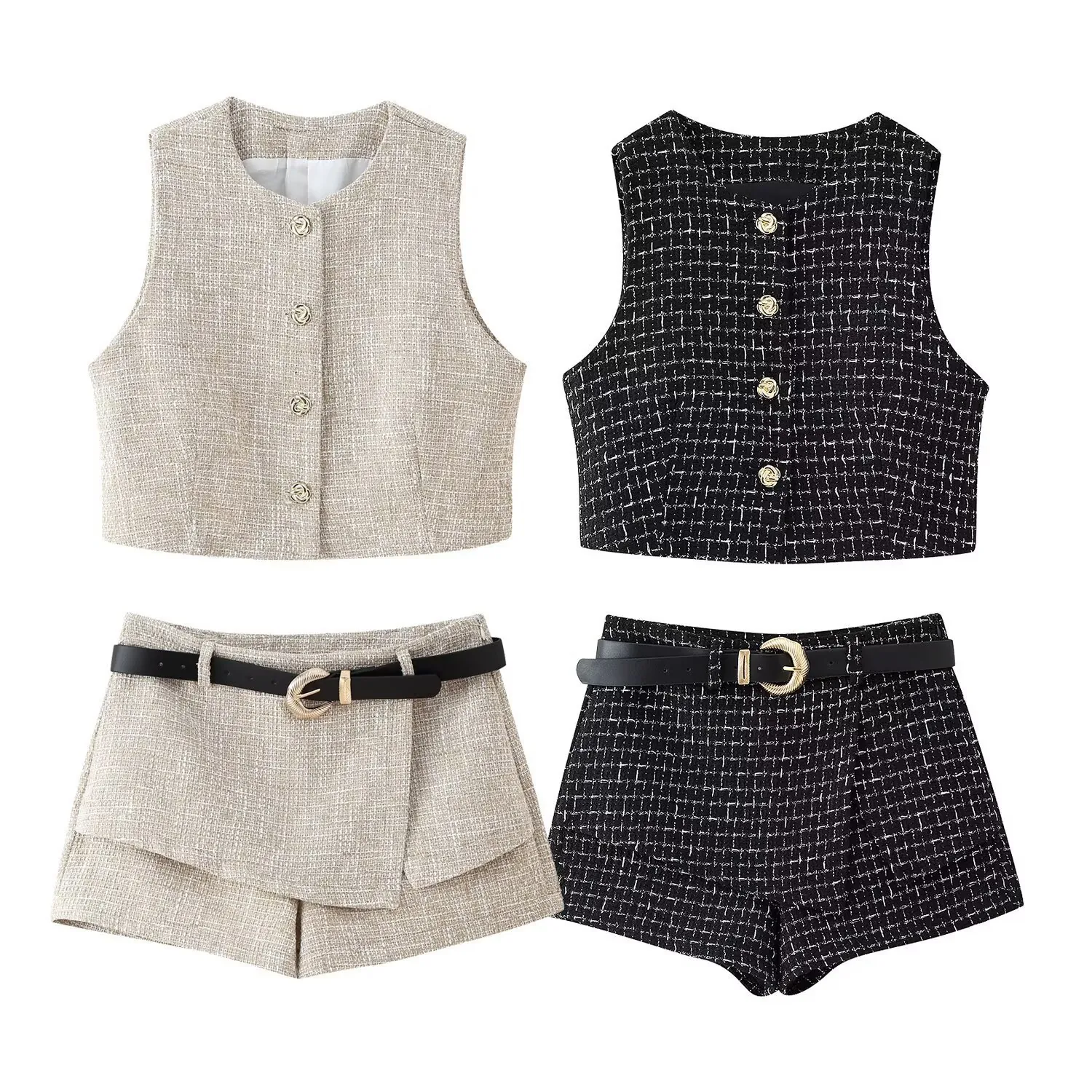 Set Top Girocollo in Tweed da Donna E Pantaloncini a Linea Con Cintura Elegante Gilet Senza Maniche Set Pantaloni