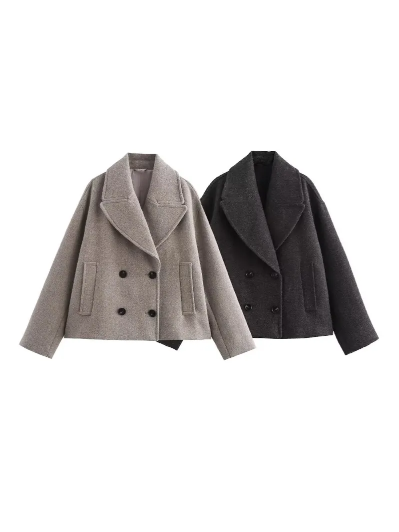 Women's Elegant Lapel Double-Breasted Woolen Style Coat Short Solid Color Polyester Outerwear For Autumn Winter Casual Streetwear Top