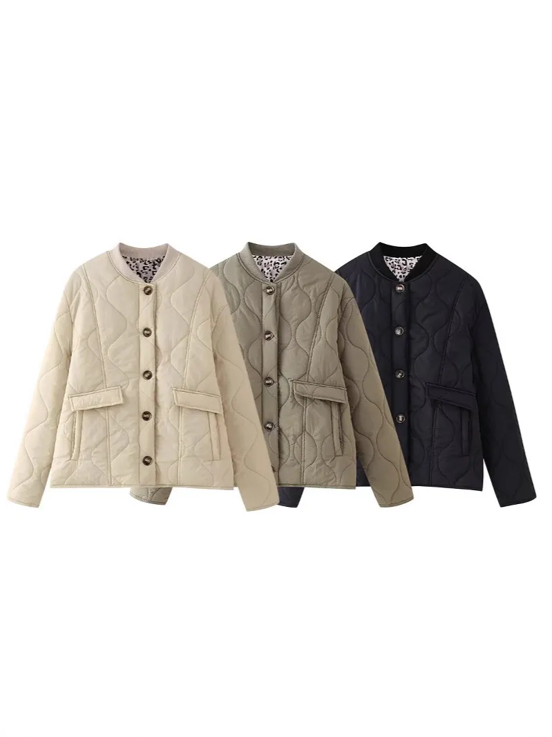 Veste Matelassée pour Femmes Avec Doublure Imprimé Léopard Col Montant Doudoune Légère Avec Poches à Rabat Vêtement Chaud Décontracté