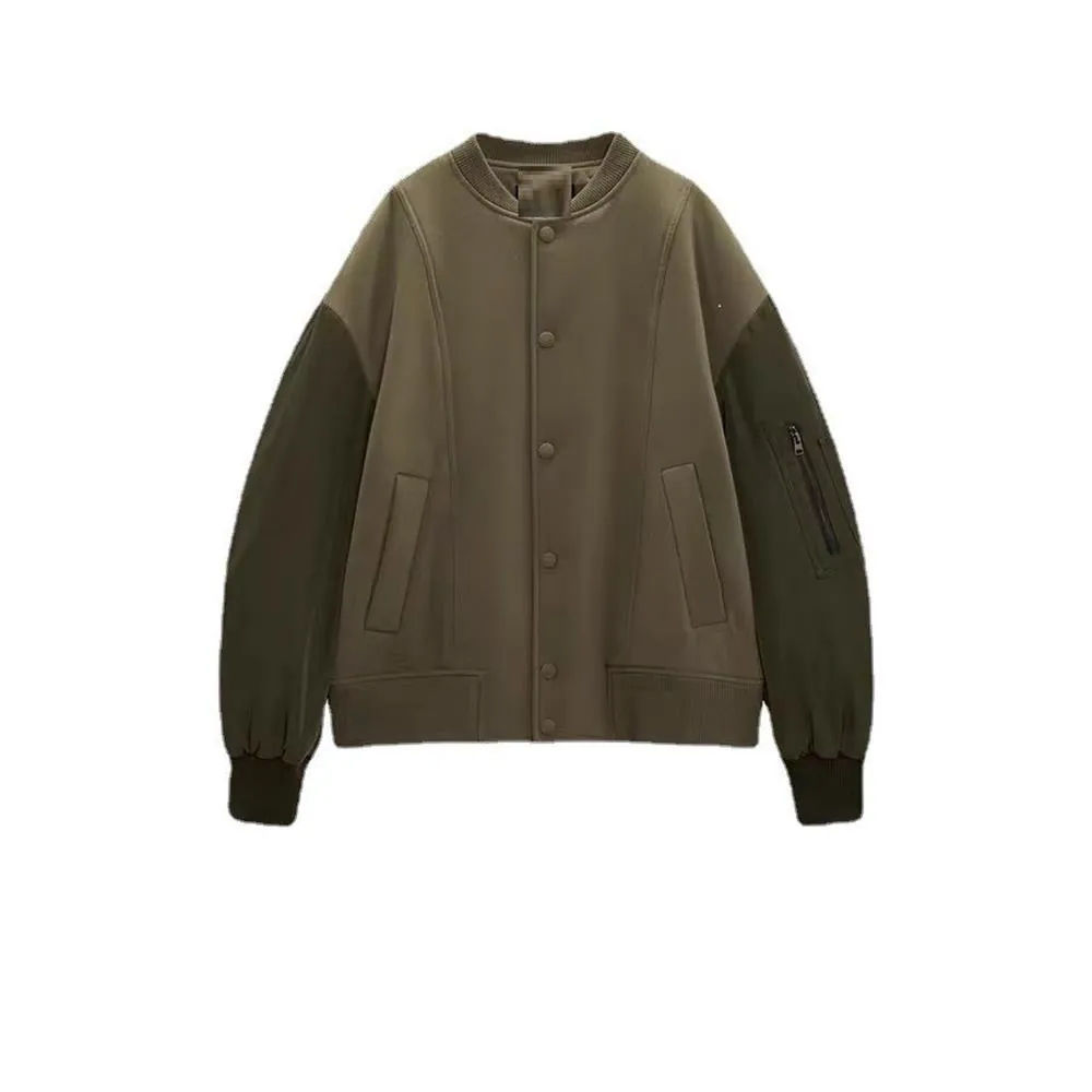 Lässige Damen Patchwork Bomberjacke Vintage Olivgrün Lockerer Fliegerjacke Mit Ärmel Reißverschlusstasche Druckknopf Gerippt