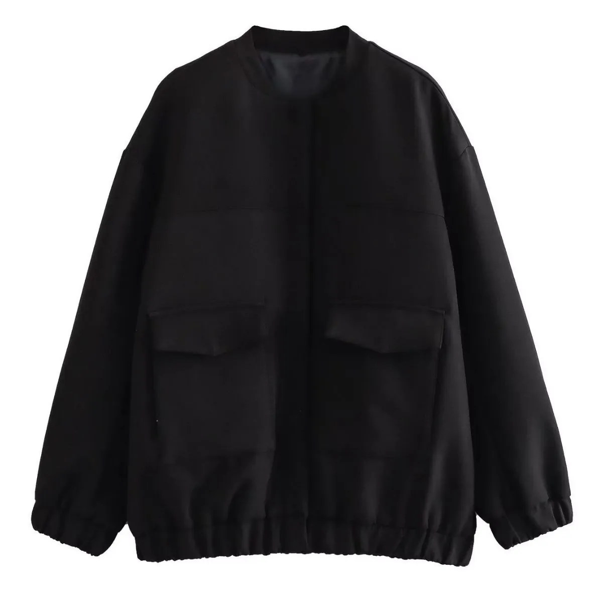 Women's Loose Bomber Jacket Urban Casual Utility Jacket 100% Polyester Stand Collar Solid Color Outerwear With Large Pockets