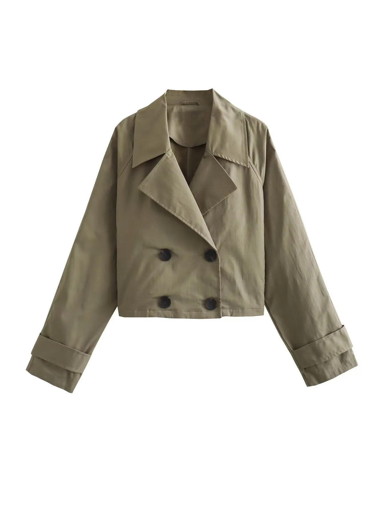 Women Short Double Breasted Trench Coat Slim Fit Lapel Jacket With Cuff Straps Solid Color Long Sleeve Raglan Sleeve Outerwear