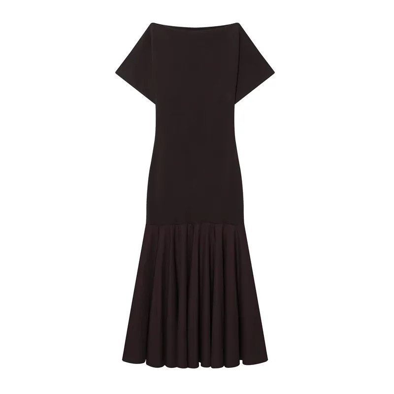 Women Elegant Boat Neck Short Sleeve Pleated Fishtail Maxi Dress Slim Fit Solid Color Patchwork Polyester Long Dress